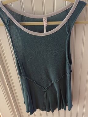 Free People Teal Knit Peplum Tank with Light Gray Trim. Raw edges